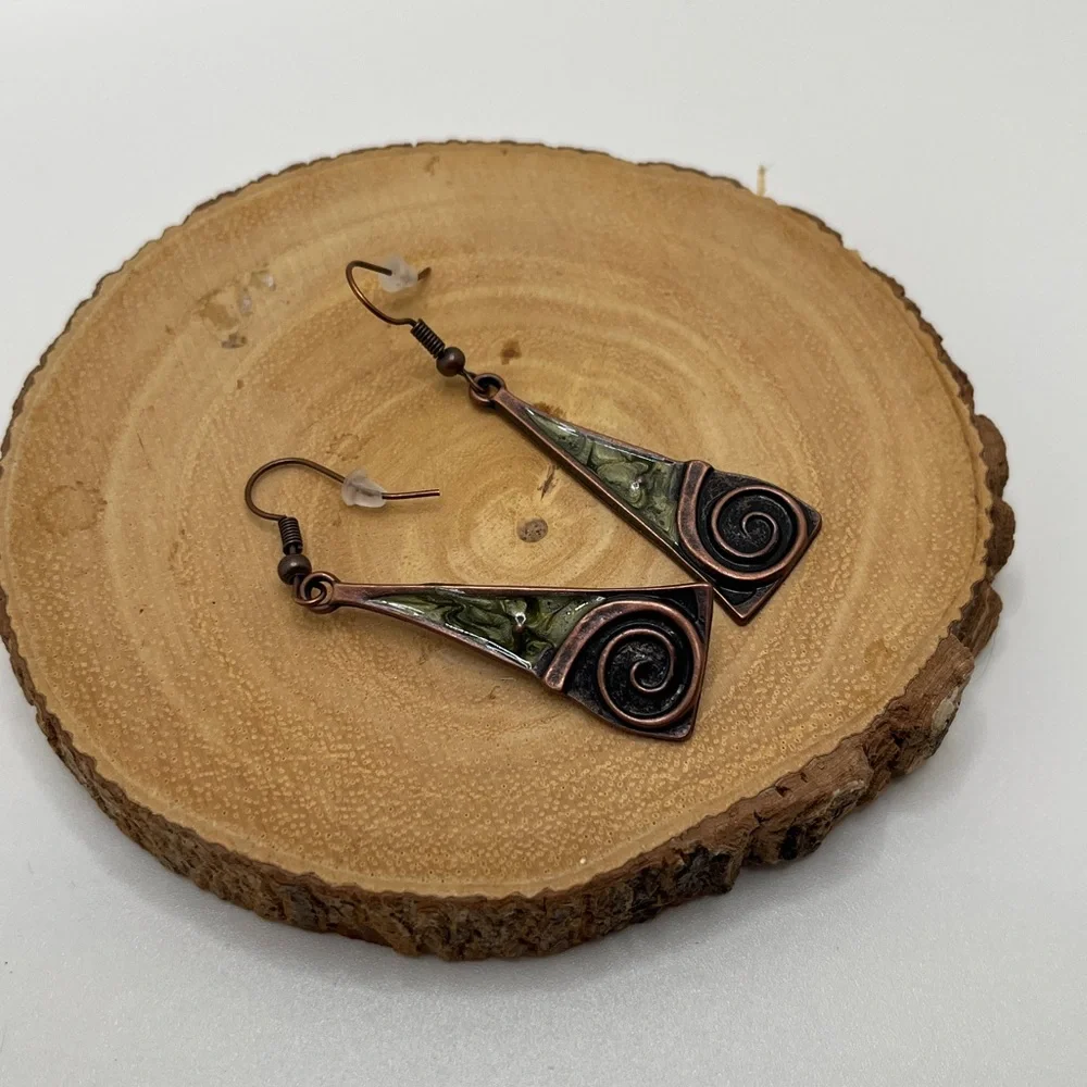 Boho Copper and Sage Swirl Earrings - Picture 2 of 3